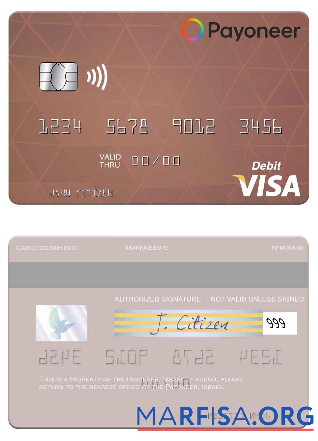 Blank USA Payoneer visa debit card example